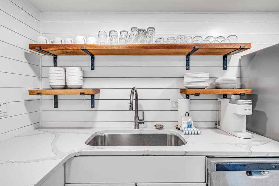 Kitchen View 2 - Ample open shelf storage puts everything at your fingertips.