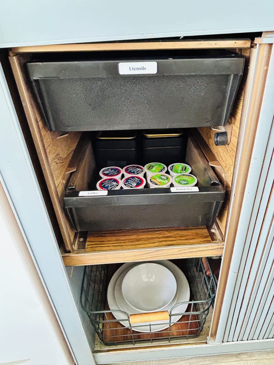 coffee and tea capsules, sugar, creamer, utensils and more