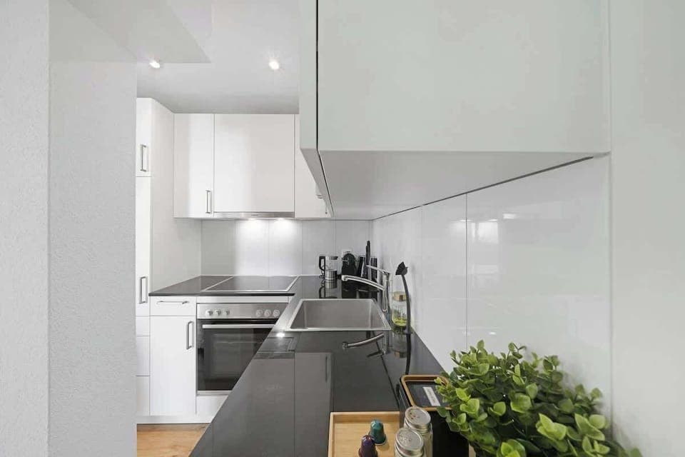 Moderne, voll ausgestattete Küche mit Spülmaschine, Backofen und Herd