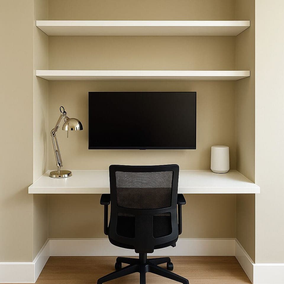 Stylish home office nook with a wall-mounted monitor, minimalist white desk, and modern ergonomic chair. Warm wooden floors, clean shelves, and a cozy lamp make this the perfect space for work or study in a calm, organized setting.