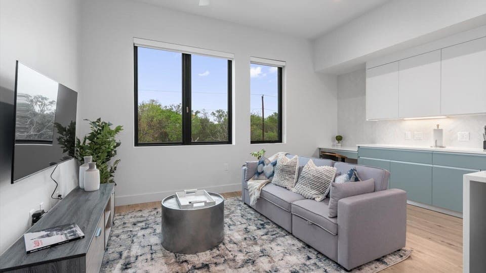 Modern living space with large smart TV