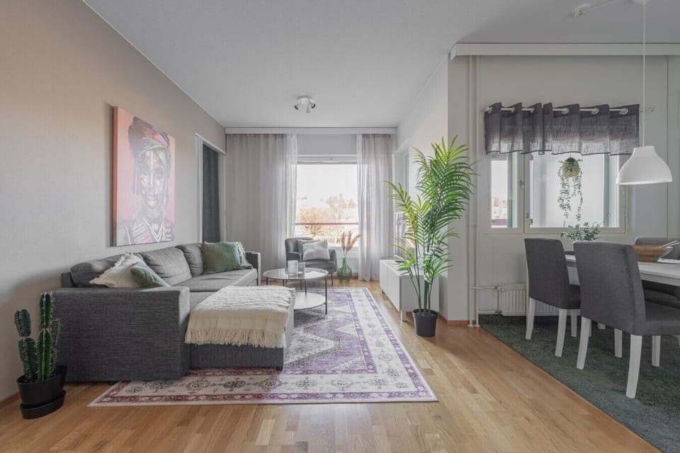 The kitchen overlooks the living room, so you can chat with family and friends while cooking.