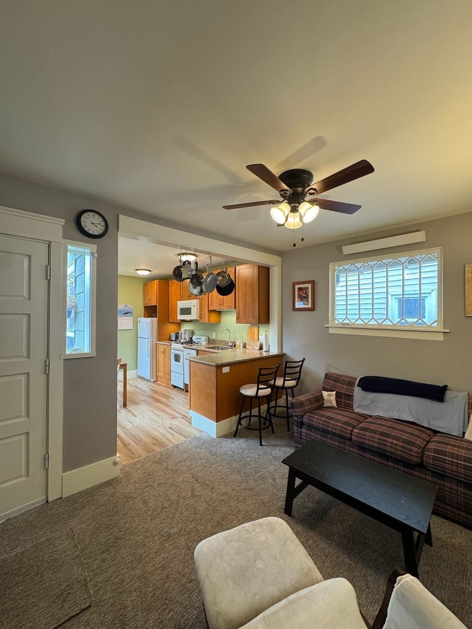 Living room, looking into the kitchen