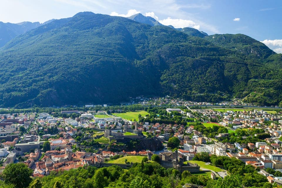 Aerial view of Bellinzona and the surrounding Alps