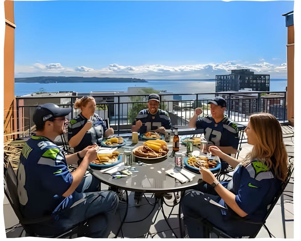 Enjoy a relaxing meal with friends on the seventh floor balcony