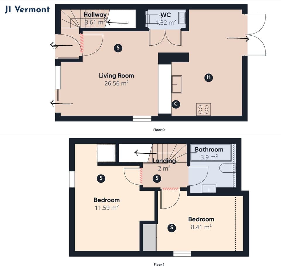 J1 Vermont floor plan Inc. fire safety measures.