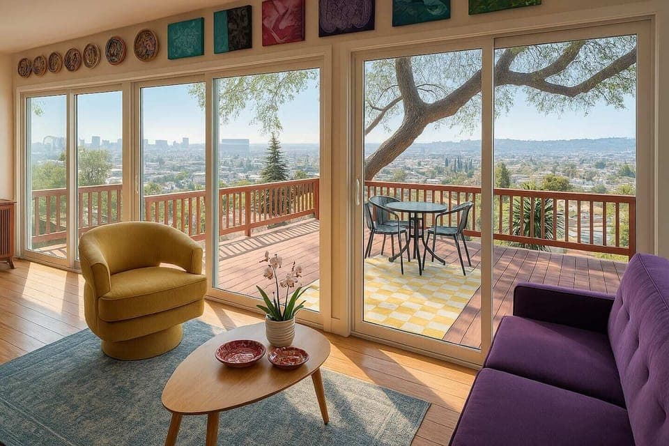 View over Hollywood from the colorful second seating area surrounded by Barbara Romains original art. 