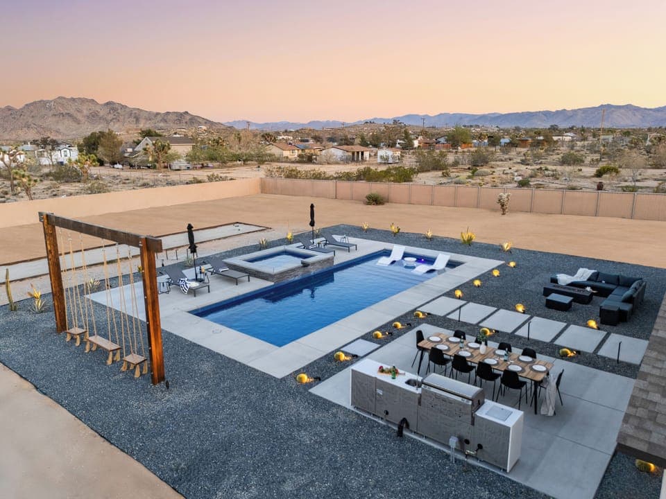 Aerial view of the backyard oasis.
