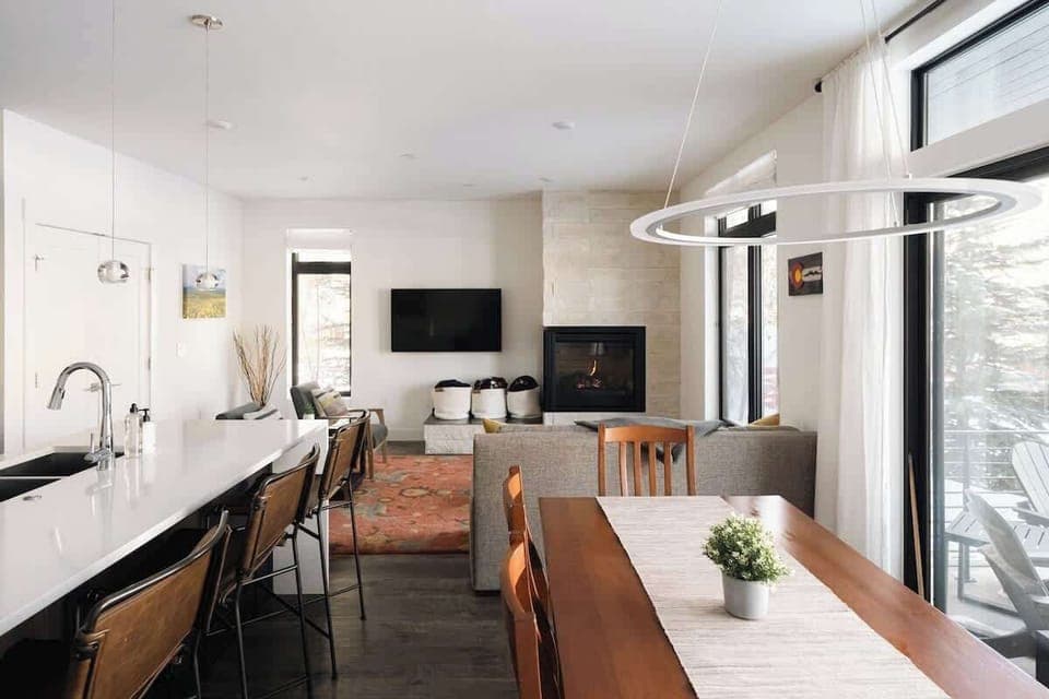 Kitchen, living area, and dining area