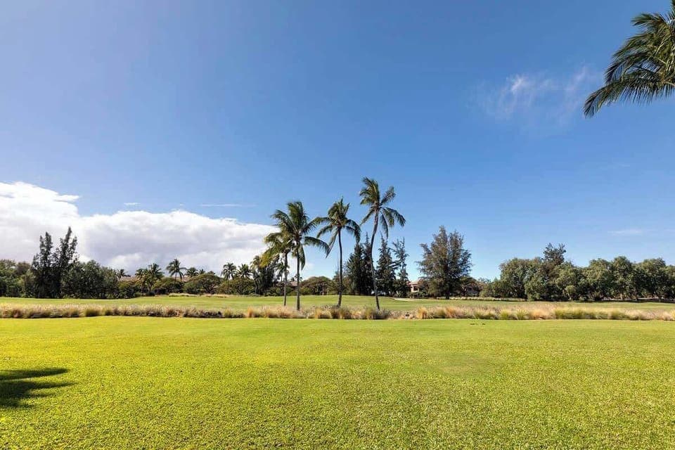 Enjoy serene golf course views and breezy palms from your backyard in this tropical green oasis.

