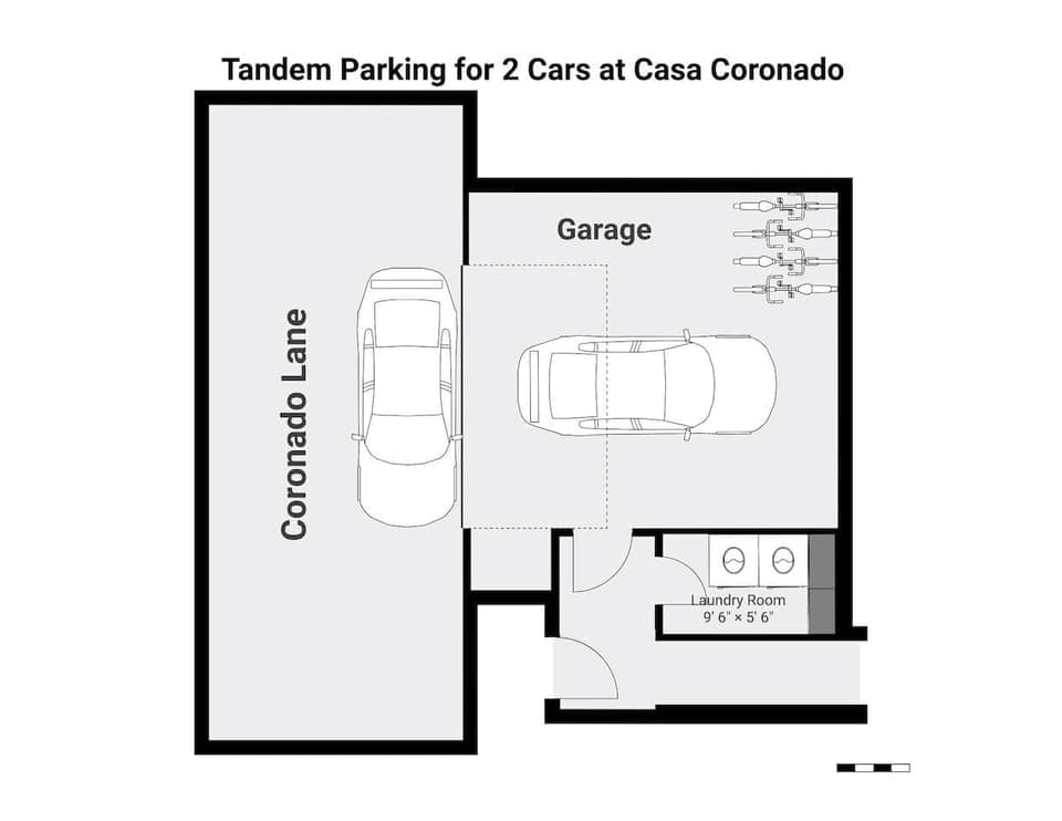 Here is the layout of the first floor and garage that shows how you can park two cars if necessary.