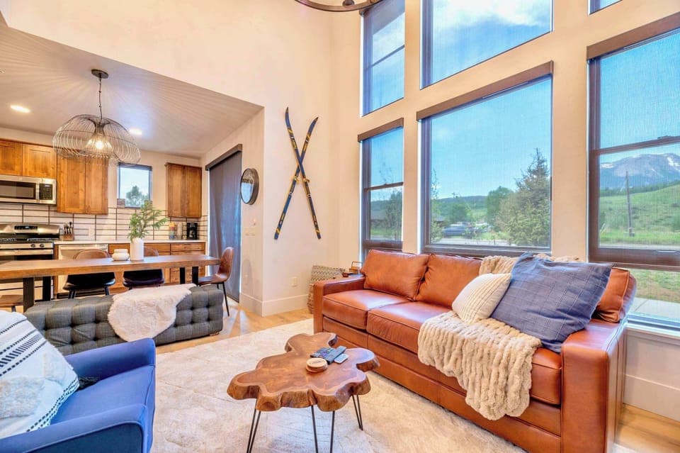 Large windows with mountain views