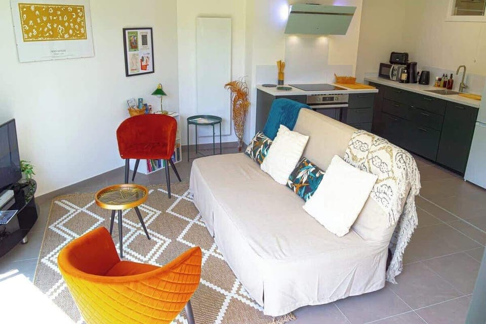 Salon spacieux avec canapé-lit, TV HD, table basse, tapis, coussins, plaids et vue sur le jardin.