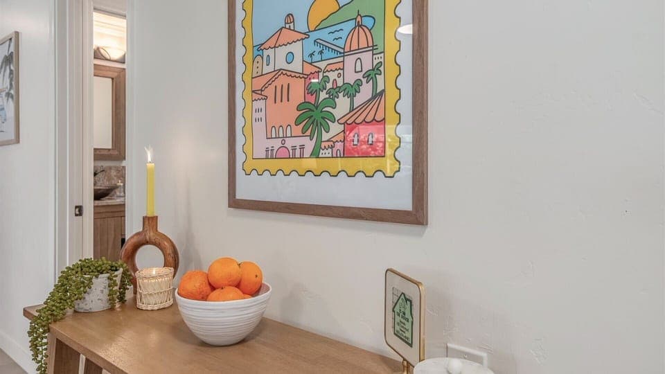 Entry table greats you with Wi-Fi info, candles and board games.
