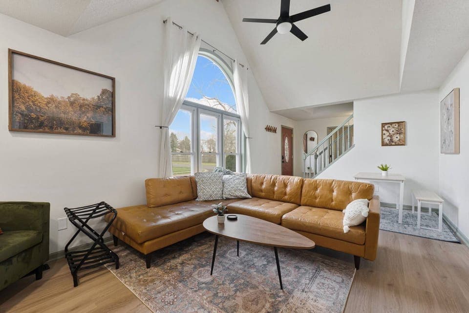 Open living room with large sectional for ample seating. 