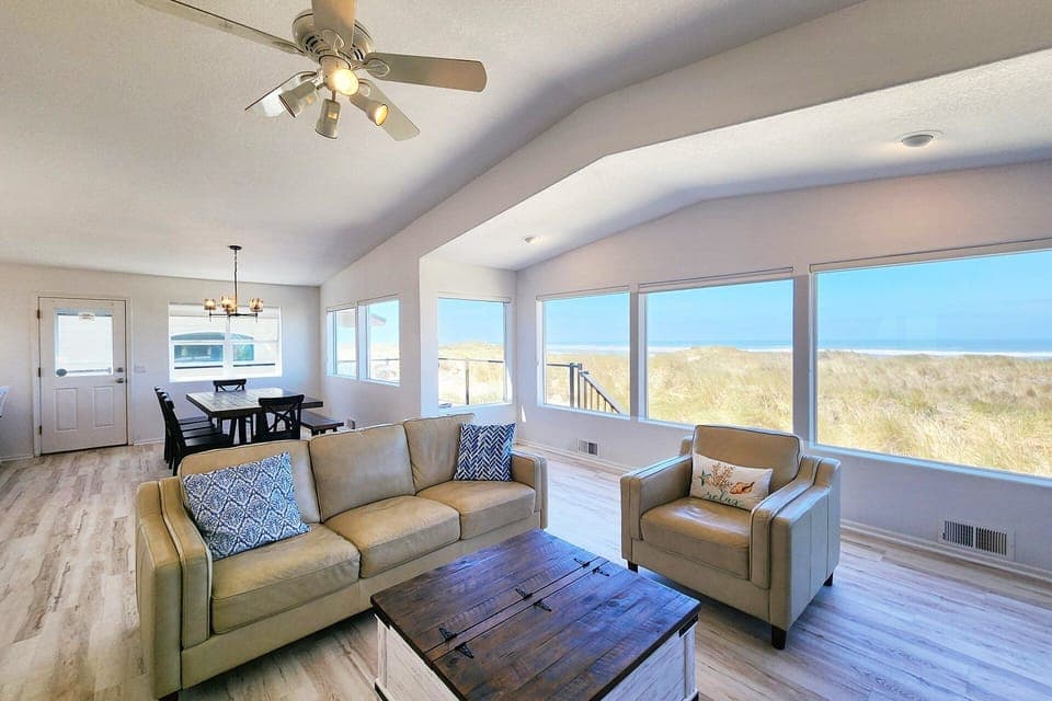 Light and airy with views of the sand and sea.