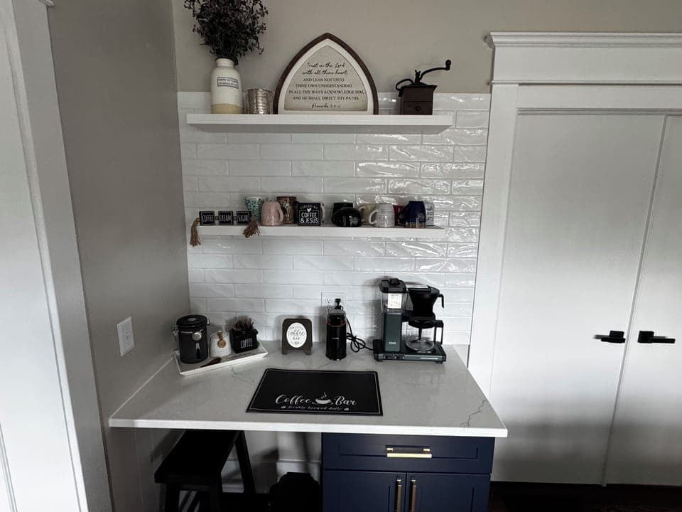 Our coffee bar provides fresh coffee beans, ground decaf, creamer and tea.