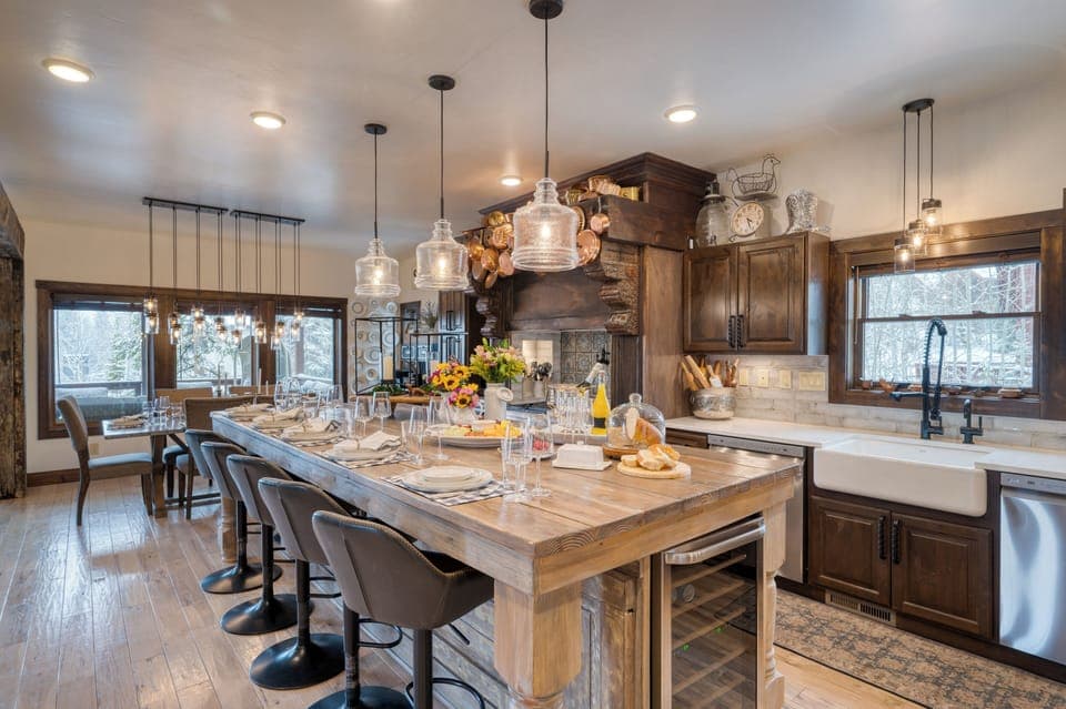 The Lodge's main kitchen featuring a spacious island, perfect for cooking and gathering.