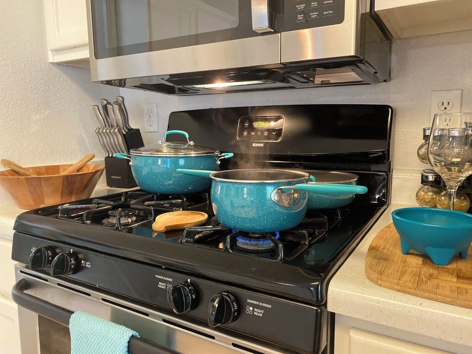 New cookware, tools for food prep, spices and wine glasses all ready for you.