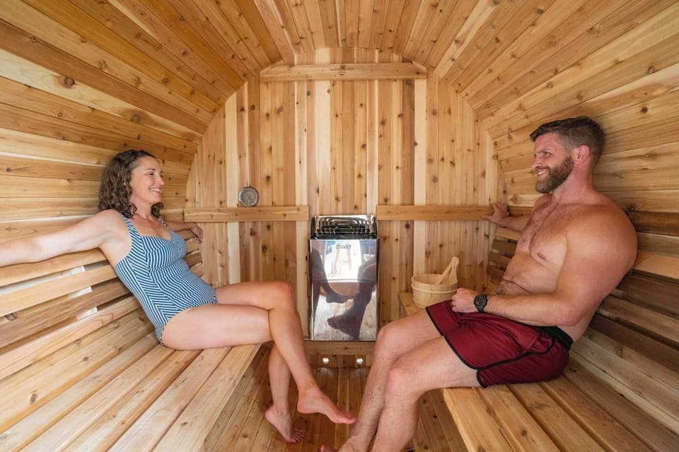 Our Almost Heaven 6-person barrel sauna offers relaxing vibes.