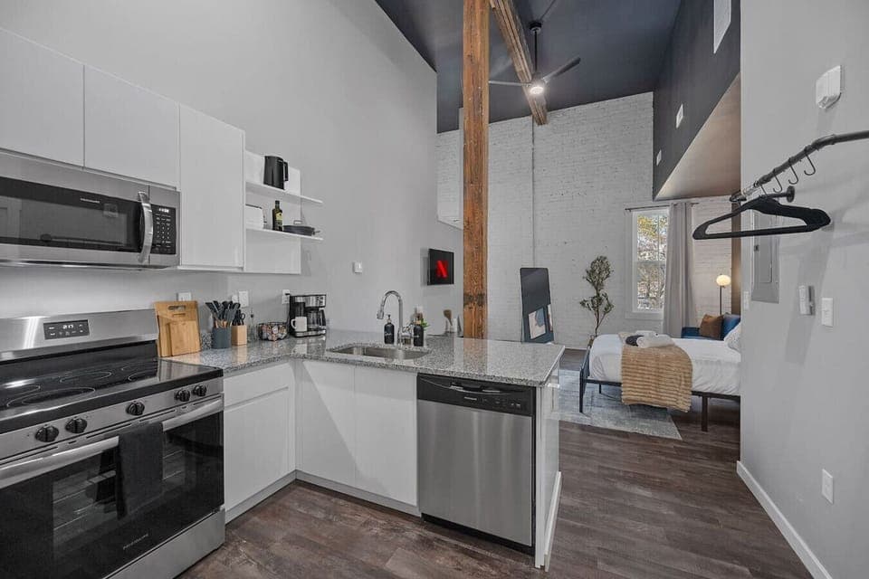 Our kitchen looks right onto the bed