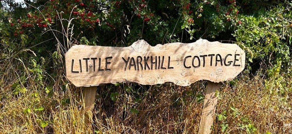 Please look for this sign for the entry to driveway - Little Yarkhill Cottage – a tranquil spa-style stay in rural Herefordshire