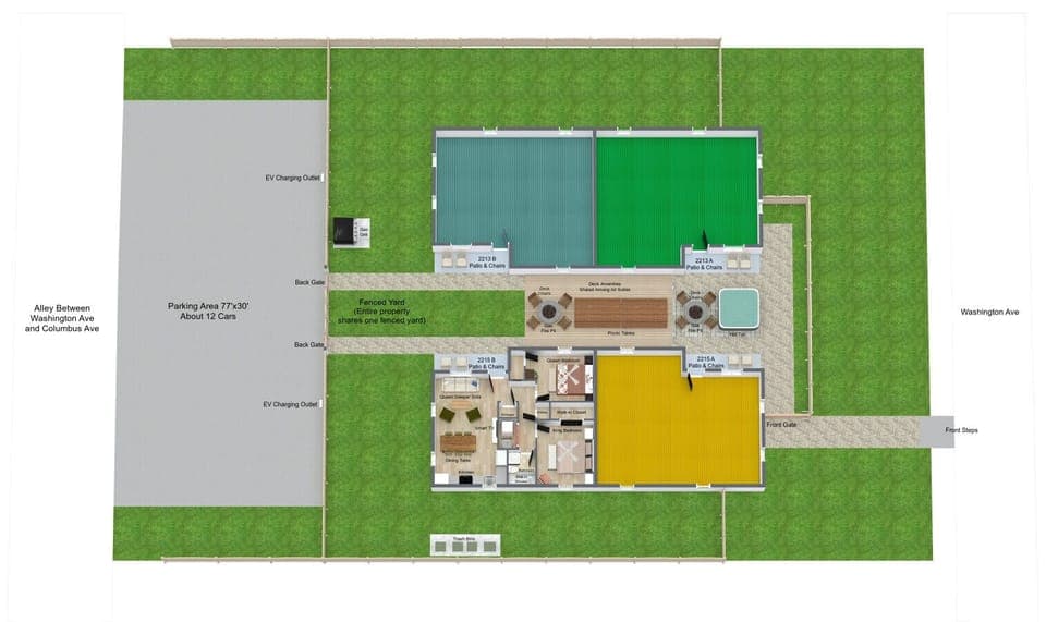 {Layout} Private parking, fenced yard, quadplex, courtyard amenities