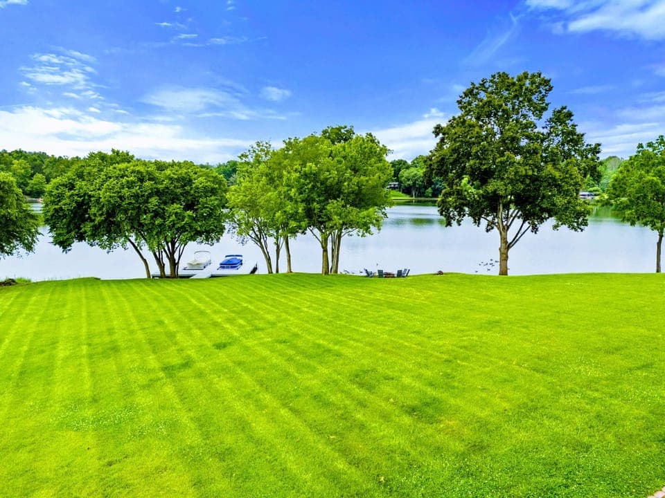 Lakefront Lawn - A wide, manicured yard rolls down to the water, with the dock and shade trees framing every view.