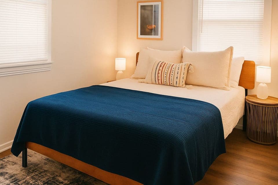 Bedroom with Queen bed, Smart TV, Two side tables, Two table lamps, Ceiling Fan & Rug