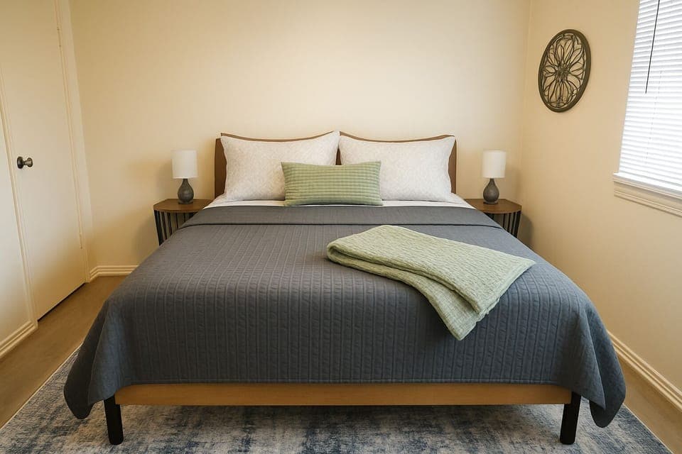 Bedroom with King bed, 2 side tables, 2 lamps, Ceiling Fan, Smart TV & Mirror