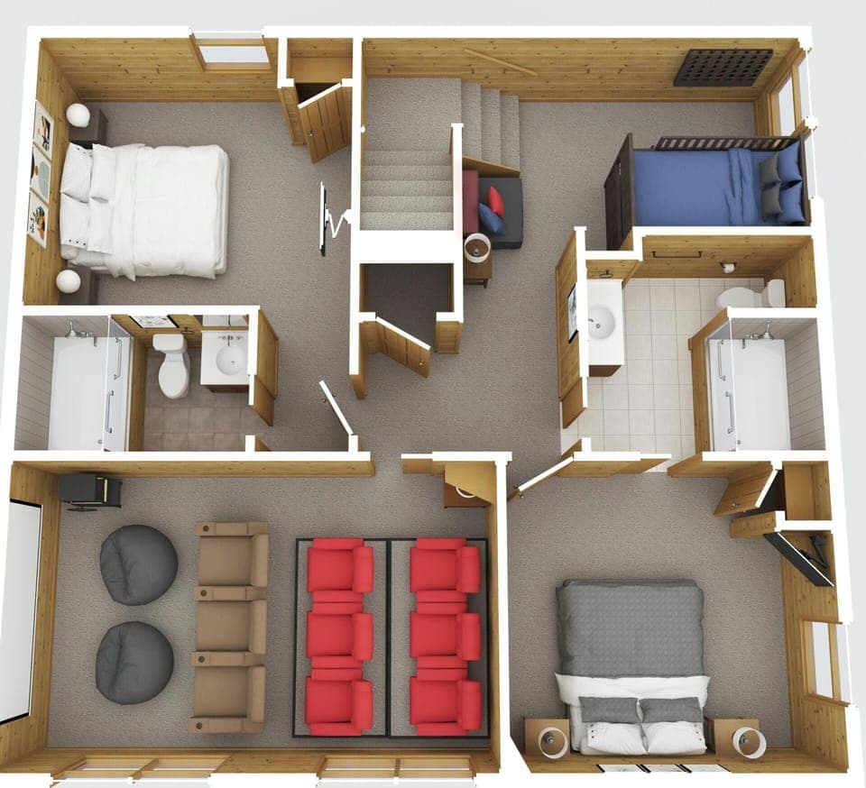 Lower level. two king suites, arcade with pac man and racing game, Large screen theater with theater seats, bean bag chairs and queen sleeper sofa.