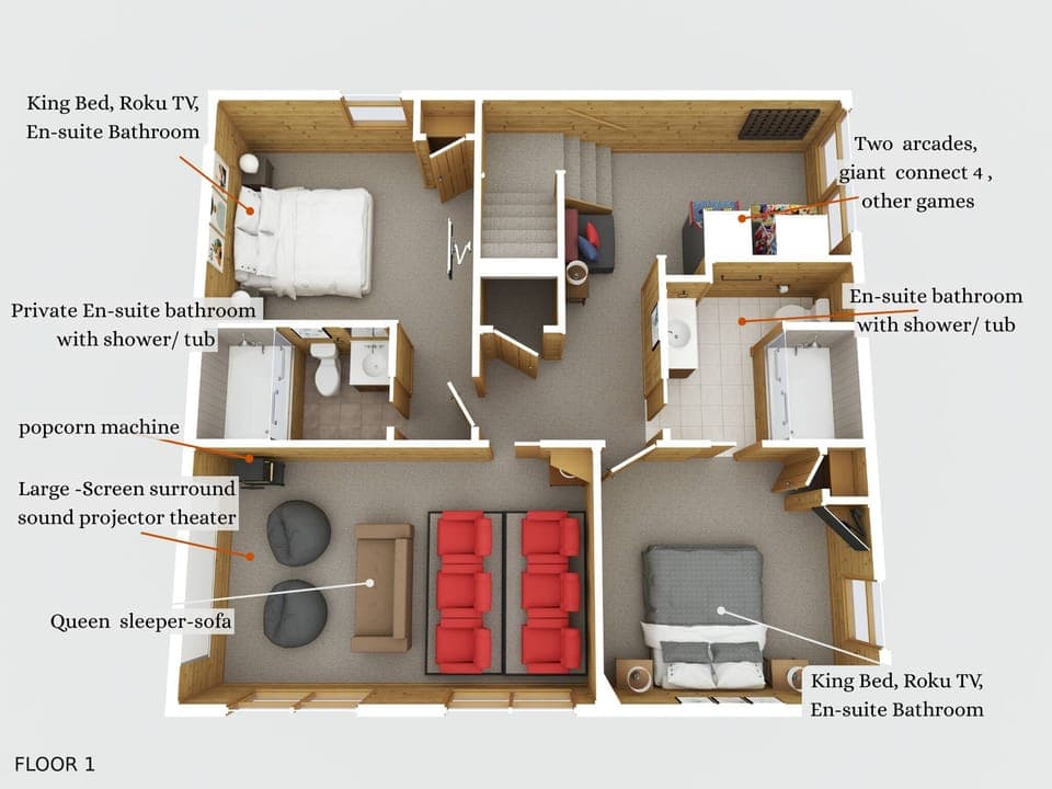 Lower level. two king suites, arcade with pac man and racing game, Large screen theater with theater seats, bean bag chairs and queen sleeper sofa.