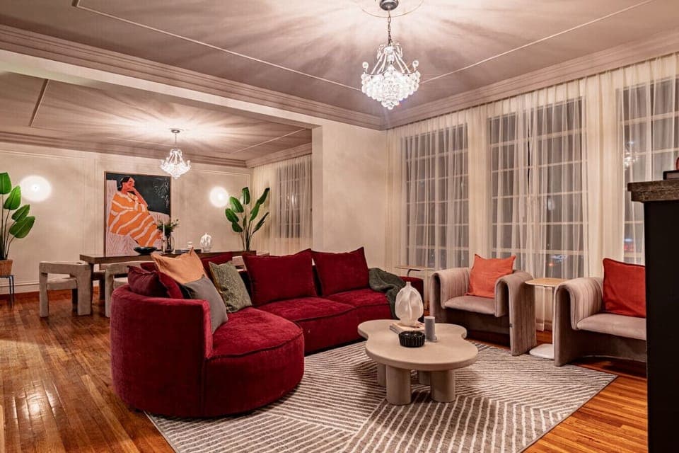 The living room offers spacious seating and a welcoming atmosphere