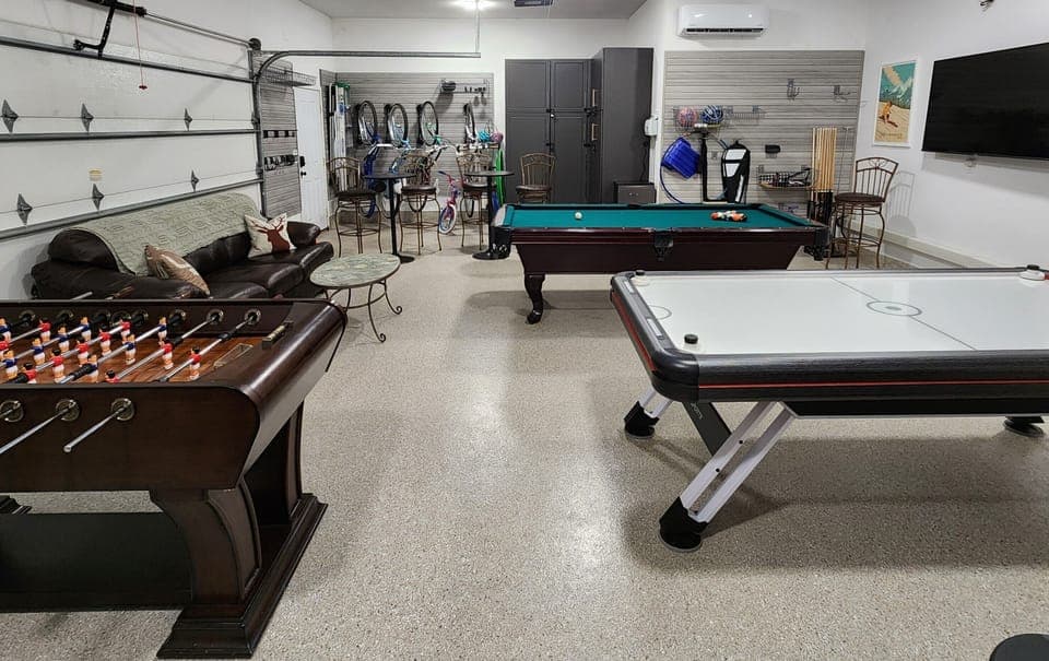 Game room. Bikes are on the back wall.