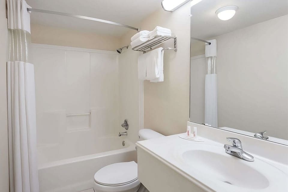 Bathroom with a shower and tub. Basic toiletries and towels are provided