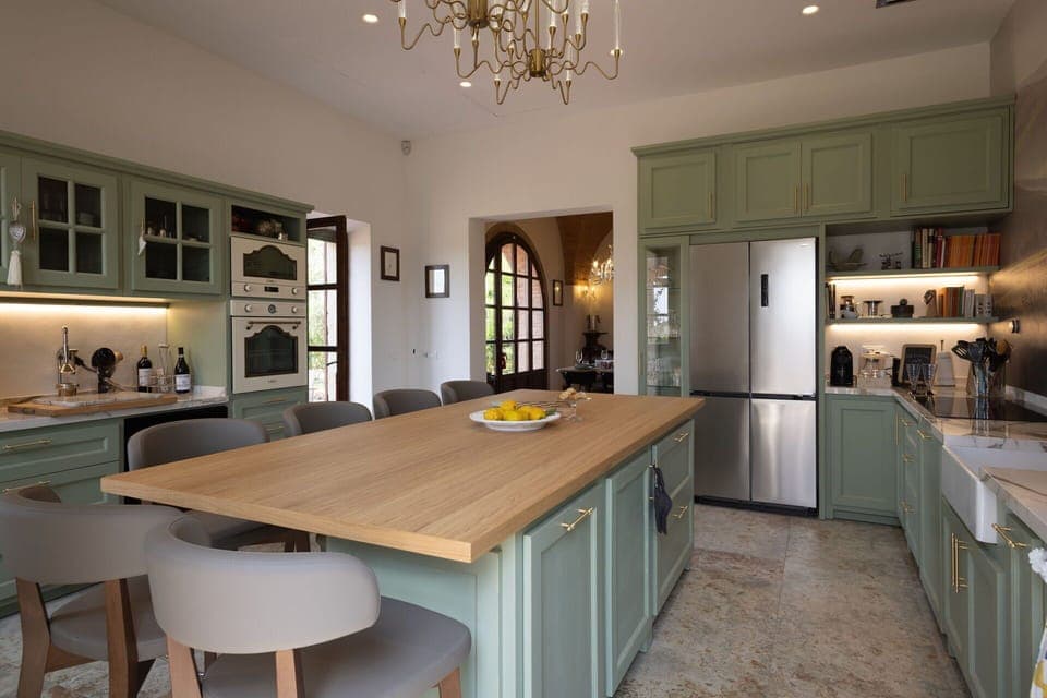 Kitchen, Furniture, Countertop, Kitchen Appliance, Interior Design, Cabinetry, Wood, Light Fixture, Ceiling, Flooring