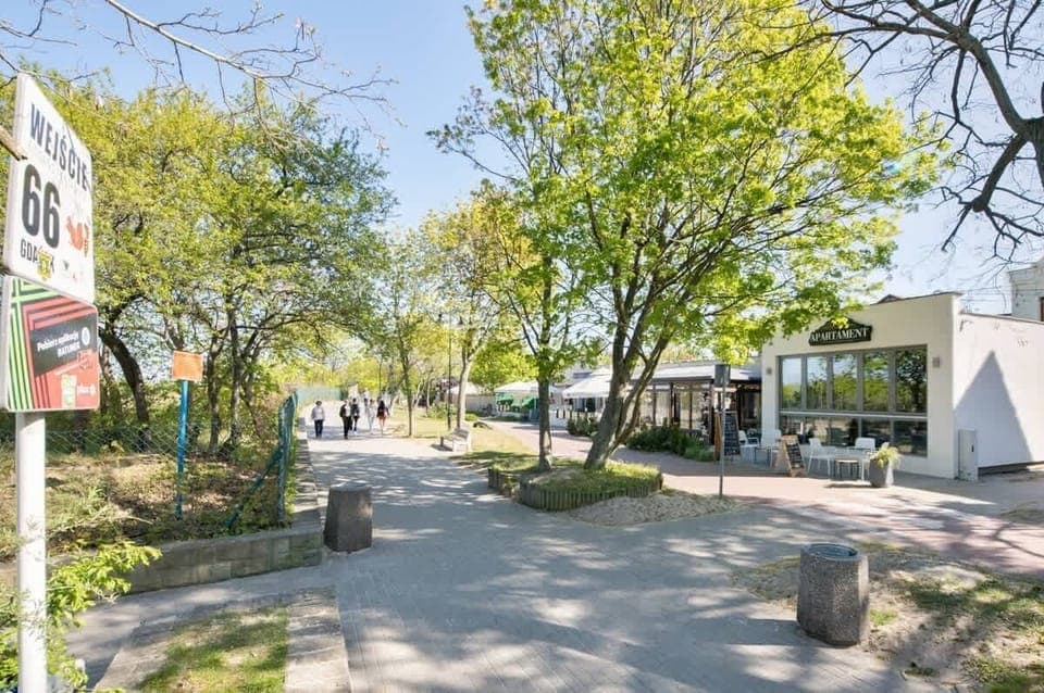 A scenic pedestrian path lined with tall trees and bathed in sunlight. Cozy cafes and small shops line the walkway, inviting exploration and relaxation.