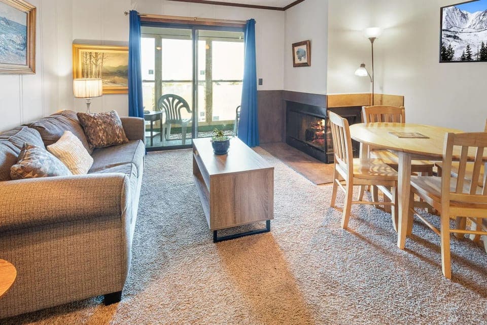 Electric fireplace and baseboard heaters provide ample warmth for guests. 