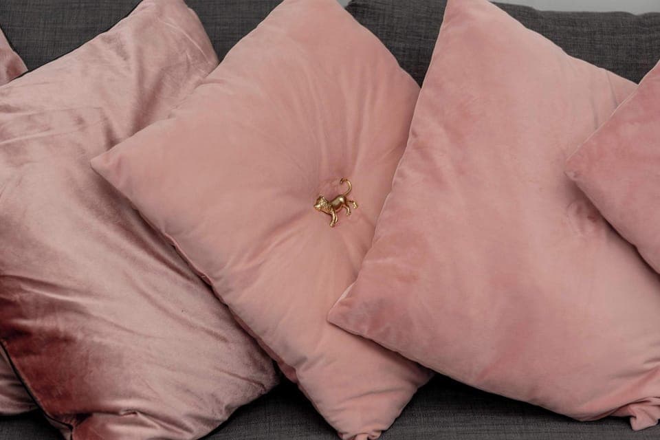 Close-up of soft, pink decorative pillows on the couch.