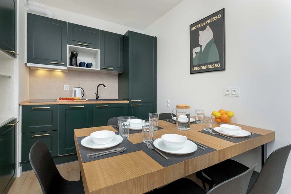 The kitchenette's practical layout maximizes space and functionality.