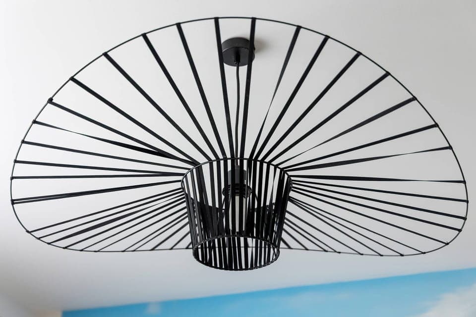 The designer chandelier with black spokes adds a modern touch to the décor.