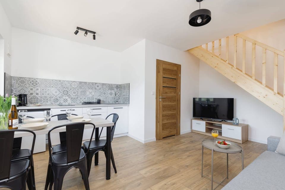 Living room with kitchenette.