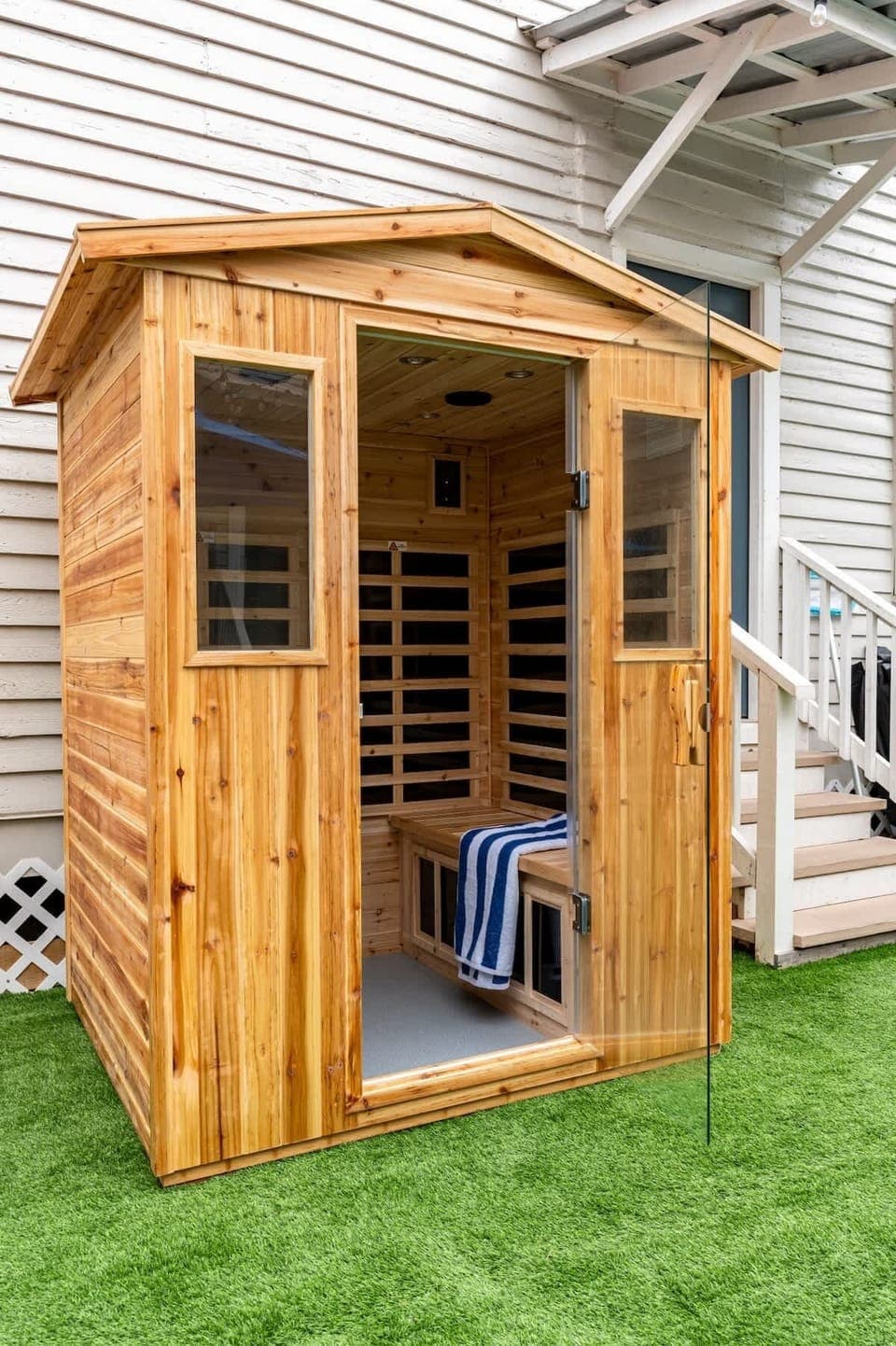 Step into the shared sauna and let the heat melt your stress away.