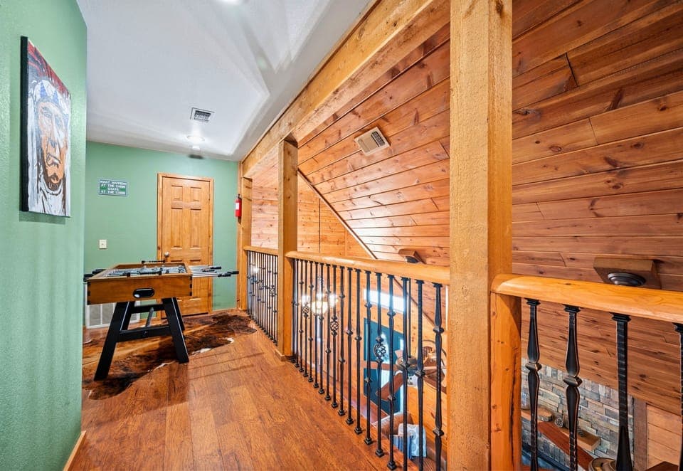 Wood and iron details add character to the upstairs common space.