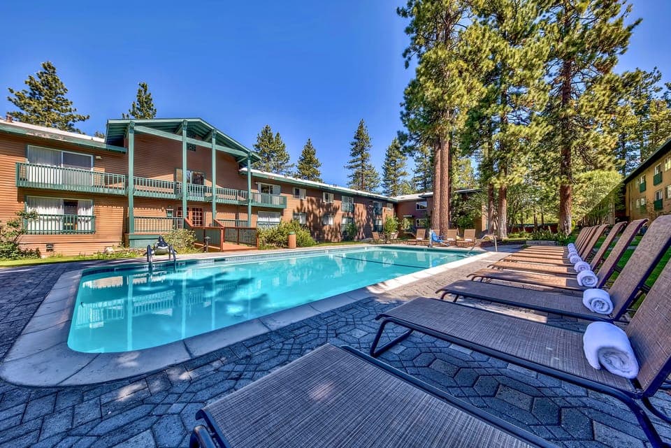 Large swimming pool and poolside loungers