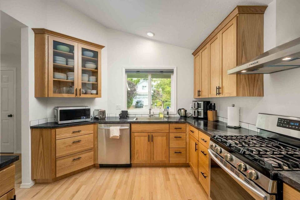 The kitchen has ample counter space and up to date appliances.