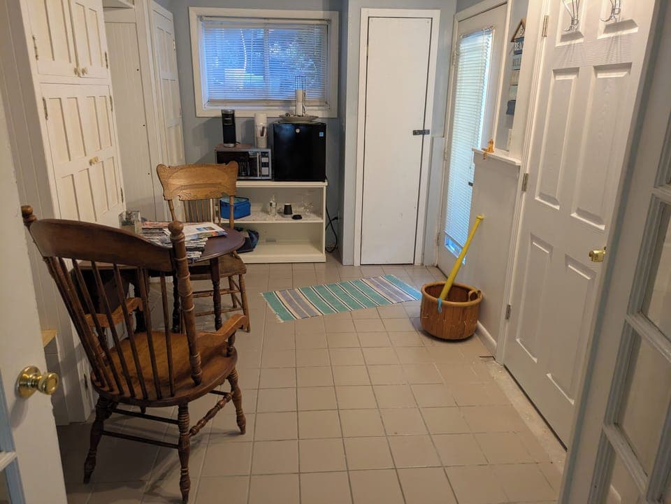 Dining/sitting area, storage closets,  minifridge, coffee maker and microwave.