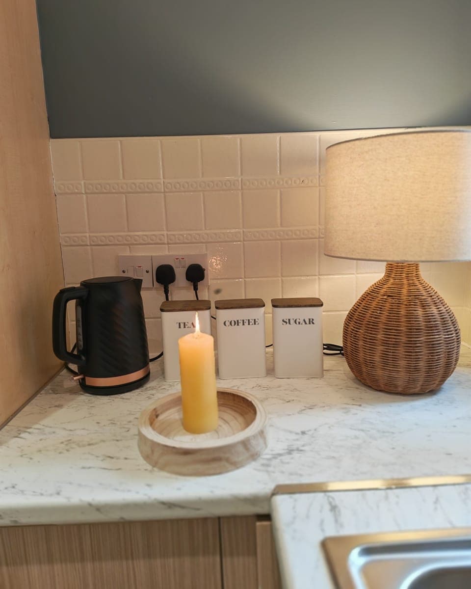 Coffee, tea, sugar, and a welcome kit for your stay