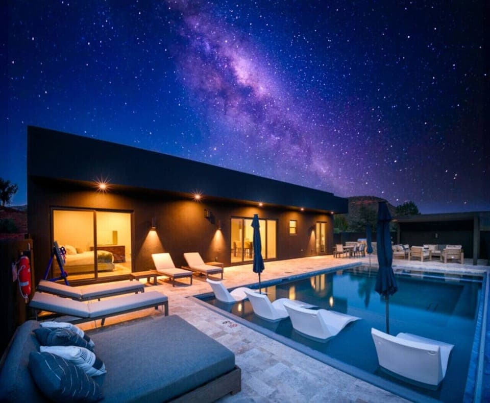 - Experience starry nights from the poolside loungers   - Outdoor living blends with serene desert skies and glowing suites   - Unwind in a private retreat with stunning nighttime scenery