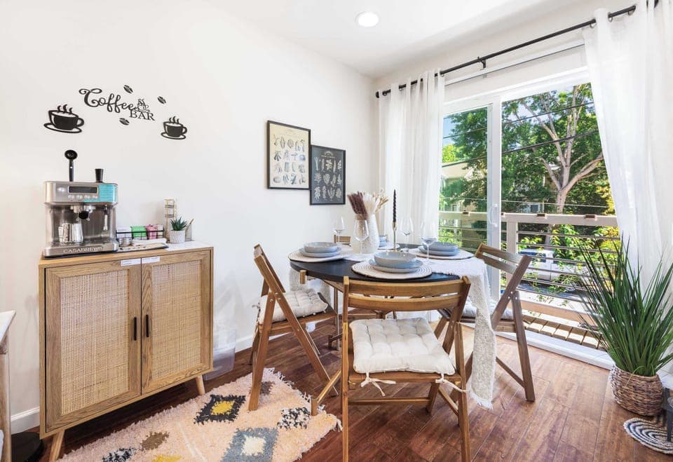 Here is the dining table in front of the french windows